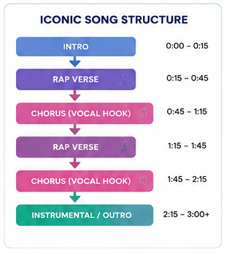 Eurodance song structure diagram showing typical arrangement, vocals, rap sections and build-ups